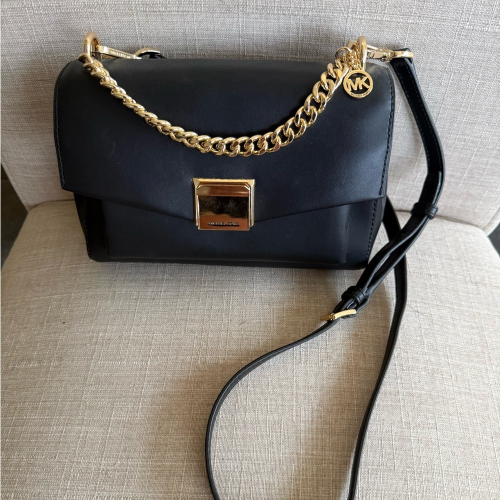 Michael Kors Black Leather Crossbody with Gold Chain Trim